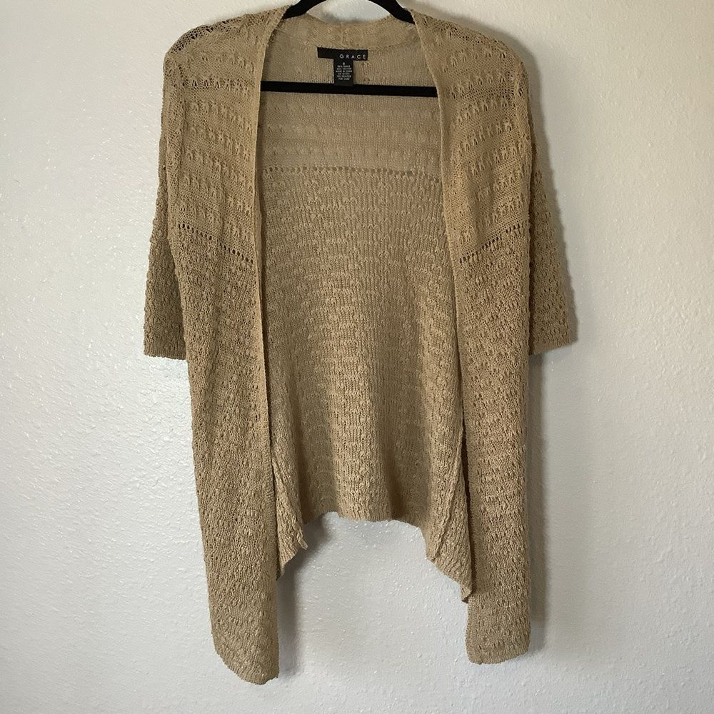 Grace‎ Tan Knitted Cottagecore Ramie Cotton Boho Neutral Open Cardigan S Autumn